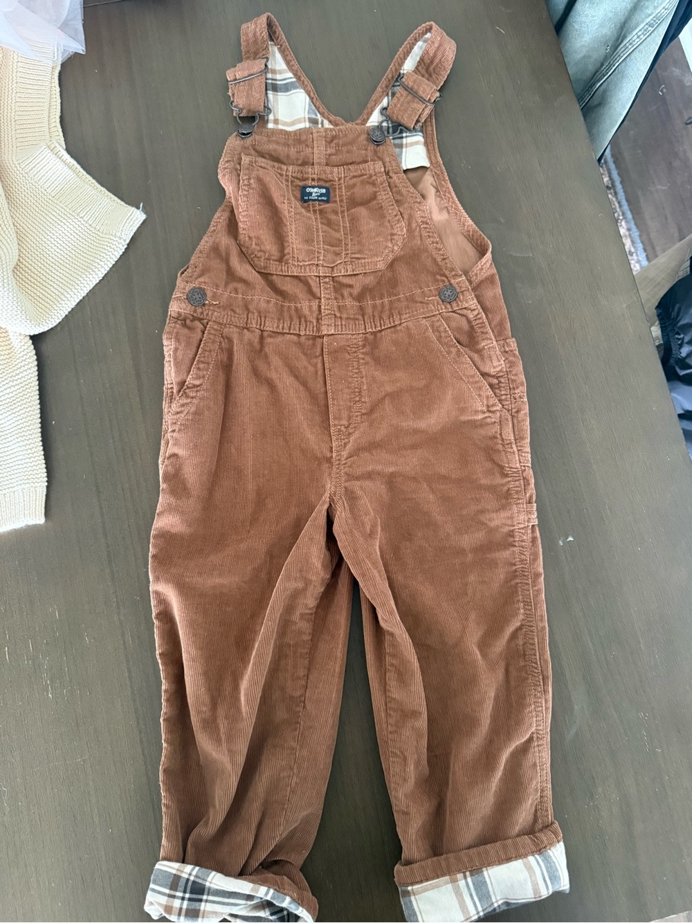 OshKosh B'gosh Rust Brown Corduroy Overalls with Plaid Lining